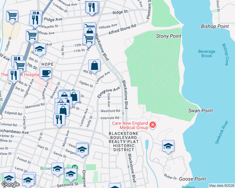 map of restaurants, bars, coffee shops, grocery stores, and more near 65 Harwich Road in Providence