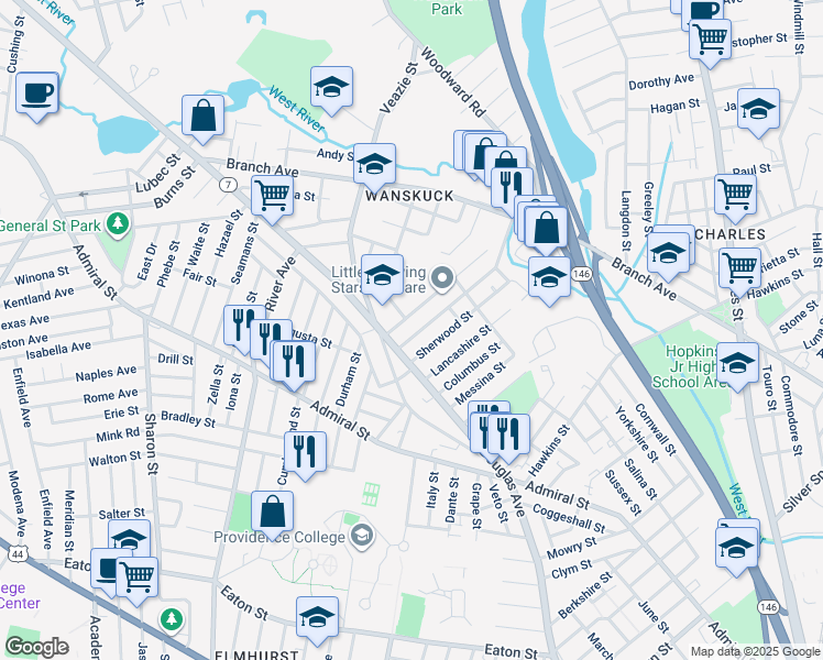map of restaurants, bars, coffee shops, grocery stores, and more near 9 Vandewater Street in Providence