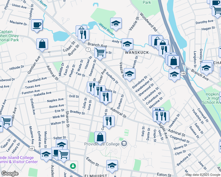 map of restaurants, bars, coffee shops, grocery stores, and more near 160 Devonshire Street in Providence