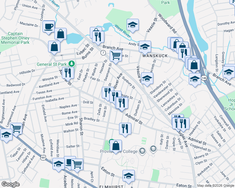 map of restaurants, bars, coffee shops, grocery stores, and more near 43 Gloucester Street in Providence