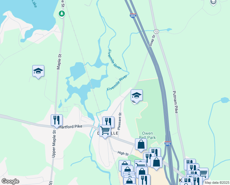 map of restaurants, bars, coffee shops, grocery stores, and more near 61 Soap Street in Killingly