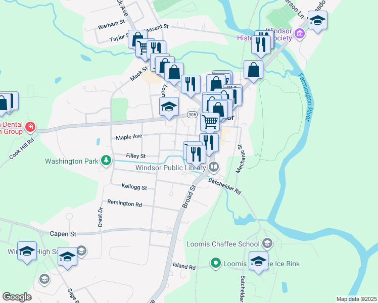 map of restaurants, bars, coffee shops, grocery stores, and more near 43 Elm Street in Windsor