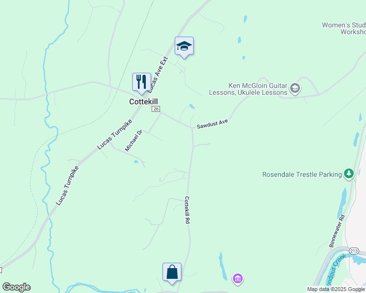 map of restaurants, bars, coffee shops, grocery stores, and more near 125 Cottekill Road in Cottekill