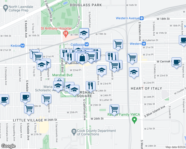 map of restaurants, bars, coffee shops, grocery stores, and more near 2733 West 23rd Street in Chicago