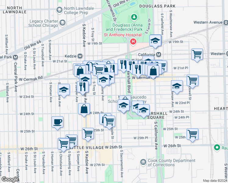 map of restaurants, bars, coffee shops, grocery stores, and more near 3004 West 23rd Street in Chicago