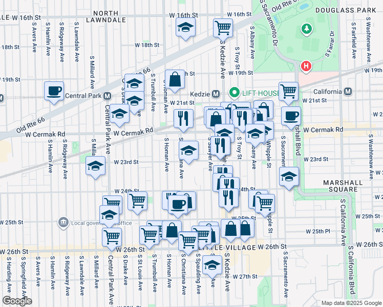 map of restaurants, bars, coffee shops, grocery stores, and more near 3324 West 23rd Street in Chicago