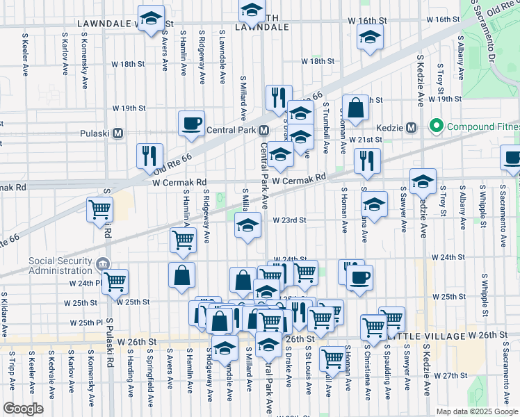 map of restaurants, bars, coffee shops, grocery stores, and more near 2255 South Millard Avenue in Chicago