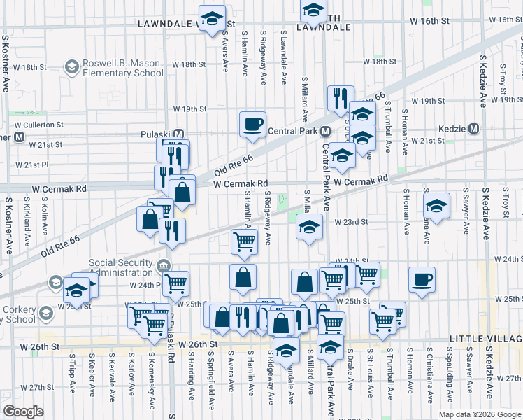 map of restaurants, bars, coffee shops, grocery stores, and more near 2280 South Lawndale Avenue in Chicago