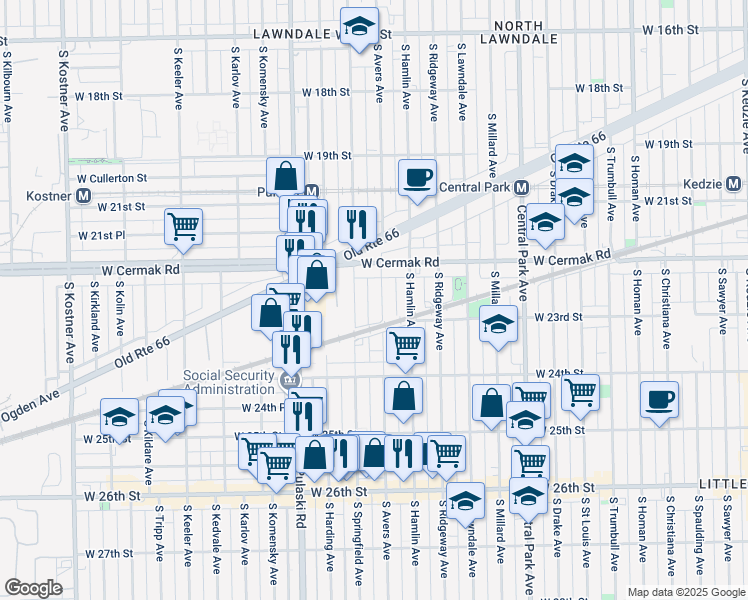 map of restaurants, bars, coffee shops, grocery stores, and more near 2252 South Avers Avenue in Chicago