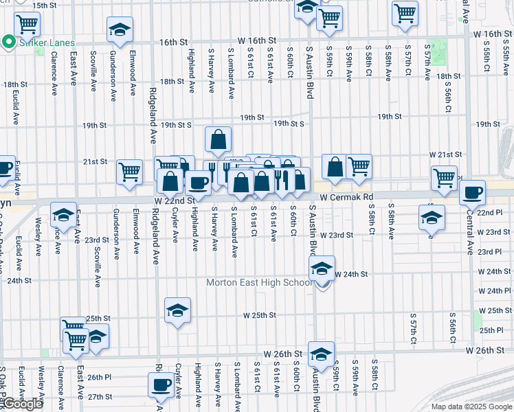 map of restaurants, bars, coffee shops, grocery stores, and more near 2217 South 61st Court in Cicero