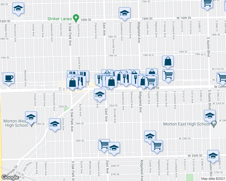 map of restaurants, bars, coffee shops, grocery stores, and more near 2212 Scoville Avenue in Berwyn