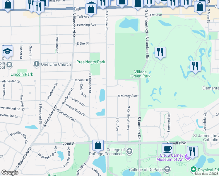 map of restaurants, bars, coffee shops, grocery stores, and more near 208 McCreey Avenue in Glen Ellyn