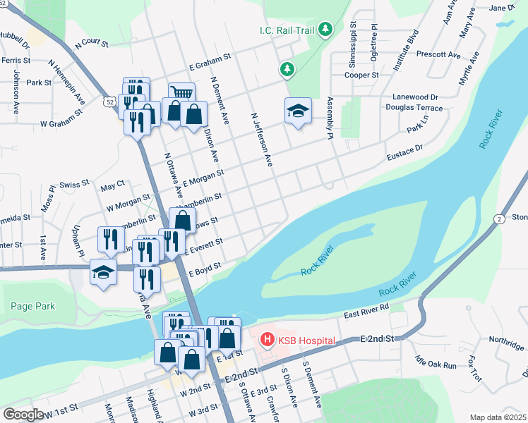 map of restaurants, bars, coffee shops, grocery stores, and more near 507 East Everett Street in Dixon
