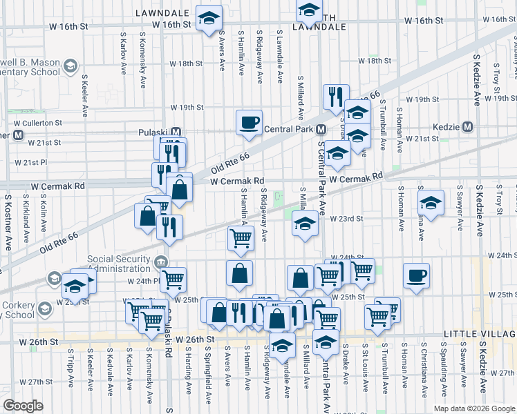 map of restaurants, bars, coffee shops, grocery stores, and more near 2280 South Lawndale Avenue in Chicago