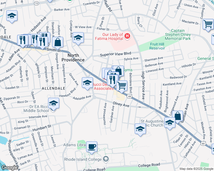 map of restaurants, bars, coffee shops, grocery stores, and more near 4 Balston Street in North Providence