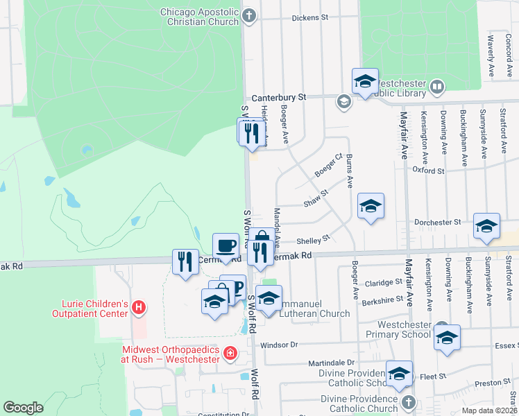 map of restaurants, bars, coffee shops, grocery stores, and more near 2021 South Wolf Road in Hillside
