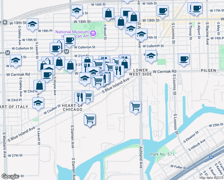 map of restaurants, bars, coffee shops, grocery stores, and more near 2287 South Blue Island Avenue in Chicago