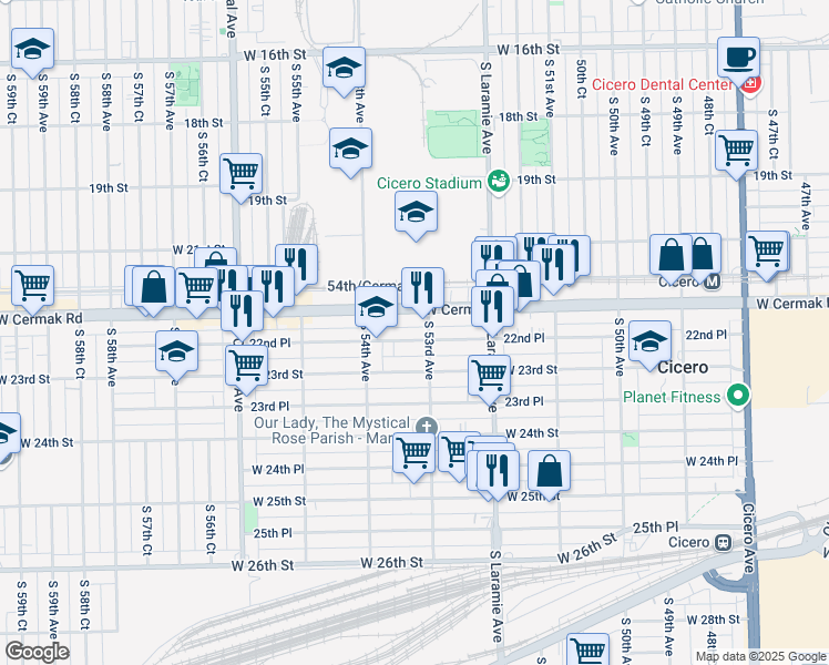 map of restaurants, bars, coffee shops, grocery stores, and more near 5319 22nd Place in Cicero