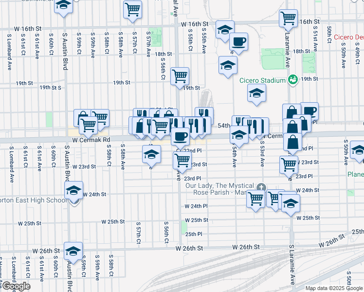 map of restaurants, bars, coffee shops, grocery stores, and more near 2213 South Central Avenue in Cicero