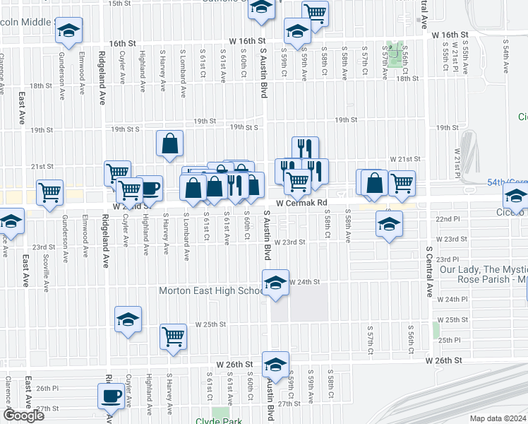 map of restaurants, bars, coffee shops, grocery stores, and more near 2206 South Austin Boulevard in Cicero