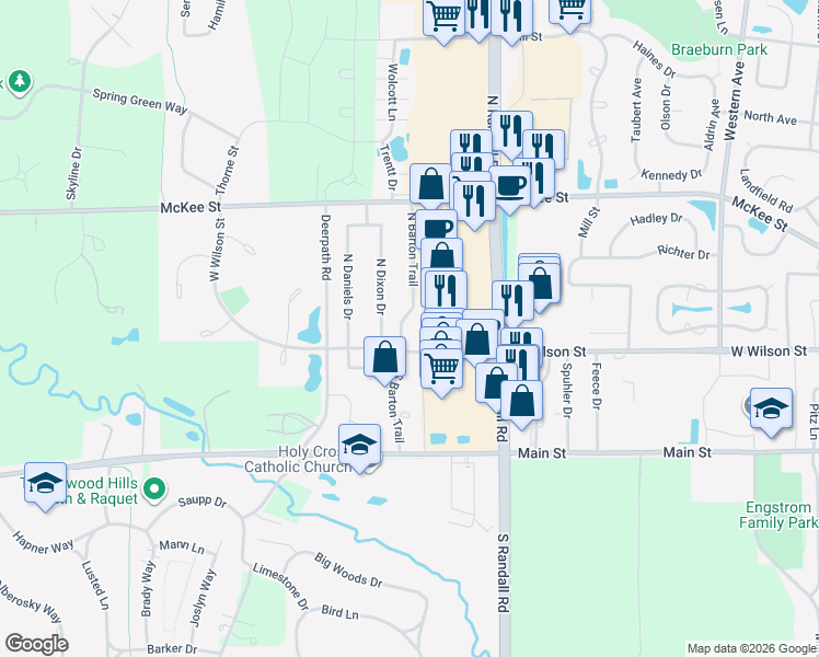 map of restaurants, bars, coffee shops, grocery stores, and more near 24 North Barton Trail in Batavia