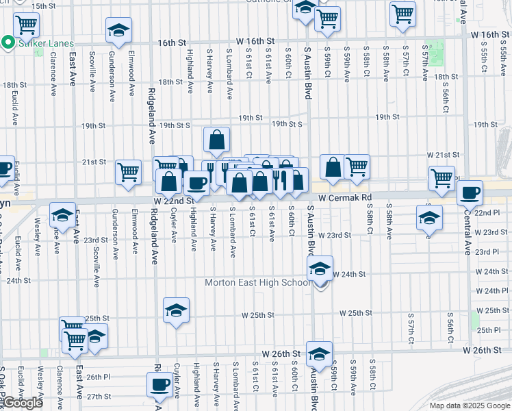 map of restaurants, bars, coffee shops, grocery stores, and more near 2209 South 61st Court in Cicero