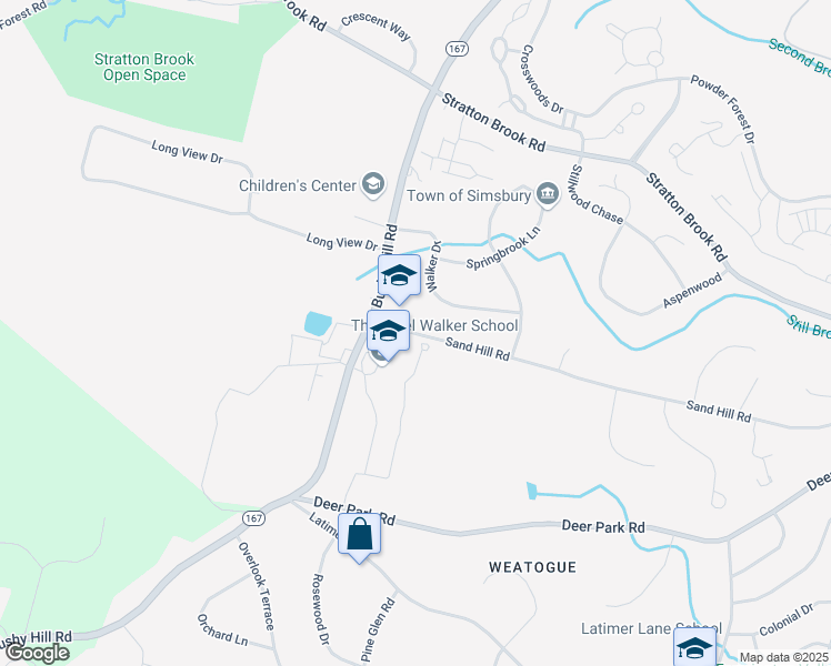 map of restaurants, bars, coffee shops, grocery stores, and more near 112 Sand Hill Road in Simsbury