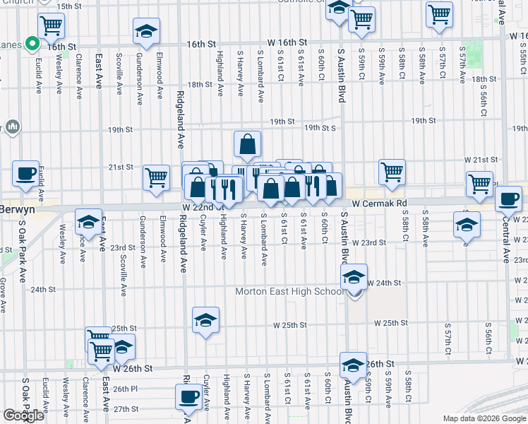 map of restaurants, bars, coffee shops, grocery stores, and more near 2215 South Lombard Avenue in Cicero
