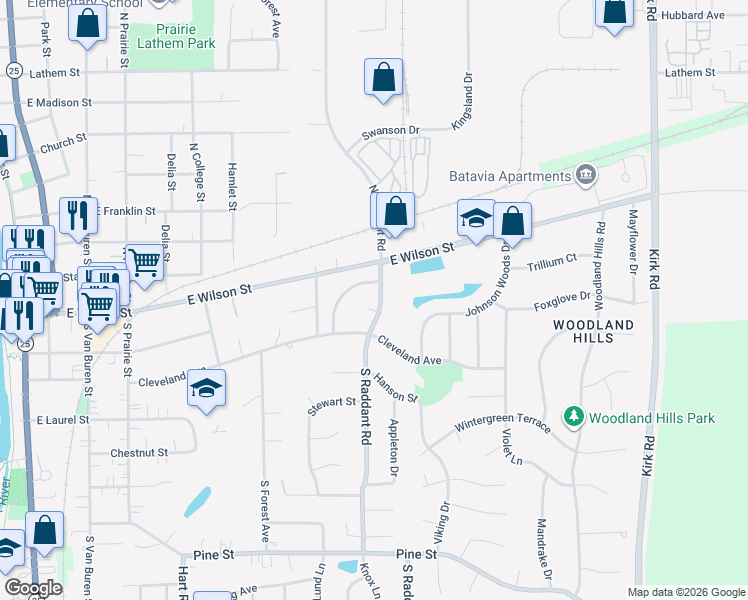 map of restaurants, bars, coffee shops, grocery stores, and more near 151 South Raddant Road in Batavia