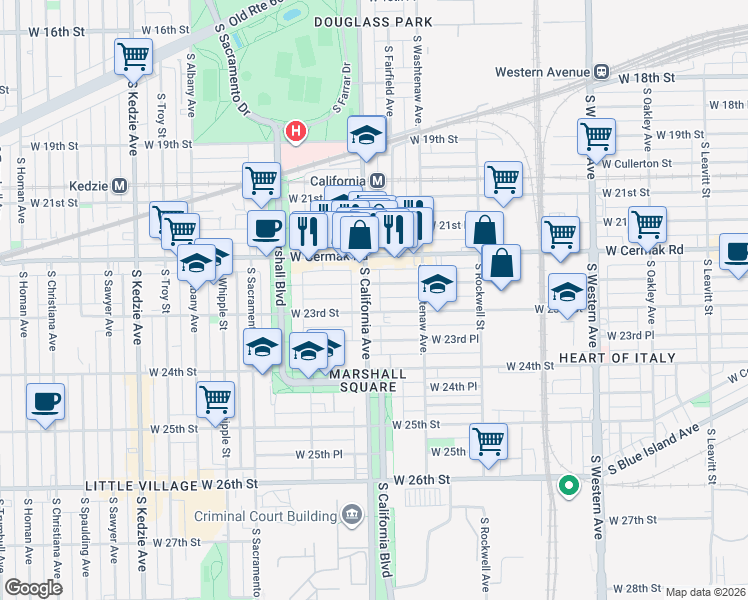 map of restaurants, bars, coffee shops, grocery stores, and more near 2251 South California Avenue in Chicago