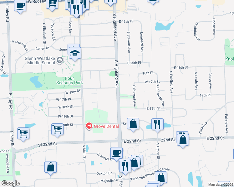 map of restaurants, bars, coffee shops, grocery stores, and more near 165 South Highland Avenue in Lombard