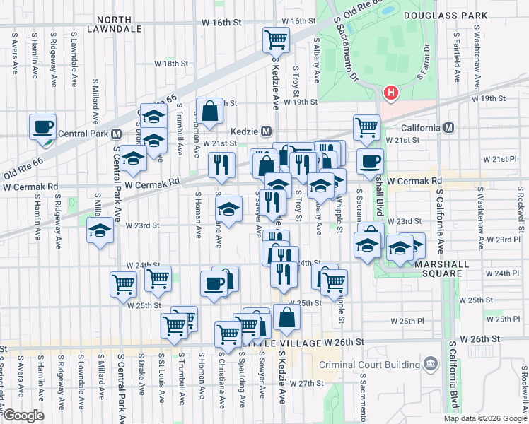 map of restaurants, bars, coffee shops, grocery stores, and more near 3234 West 23rd Street in Chicago