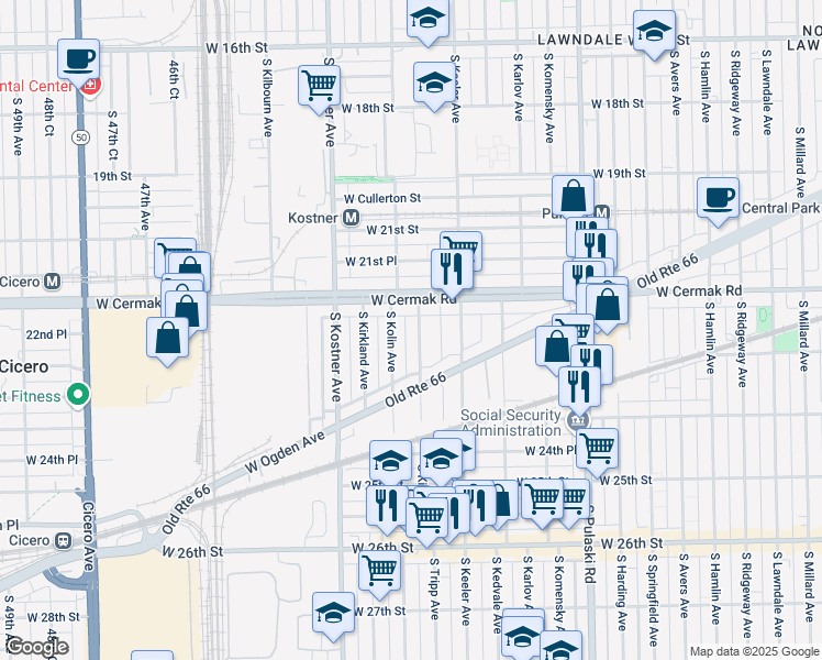 map of restaurants, bars, coffee shops, grocery stores, and more near 2245 South Kolin Avenue in Chicago