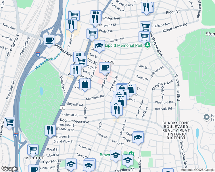map of restaurants, bars, coffee shops, grocery stores, and more near 133 4th Street in Providence