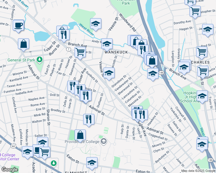 map of restaurants, bars, coffee shops, grocery stores, and more near 69 Sunbury Street in Providence