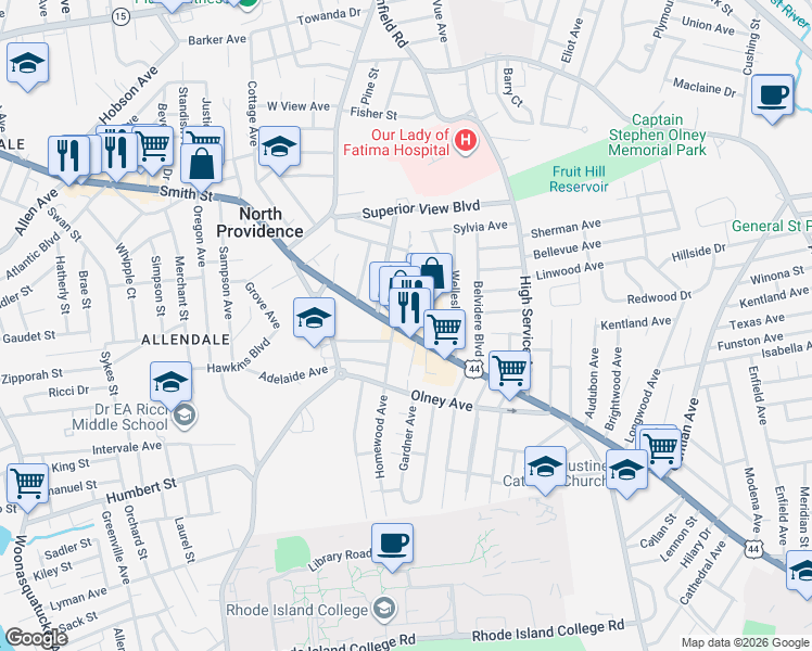 map of restaurants, bars, coffee shops, grocery stores, and more near 1524 Smith Street in North Providence