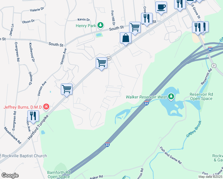 map of restaurants, bars, coffee shops, grocery stores, and more near Unnamed Road in Vernon