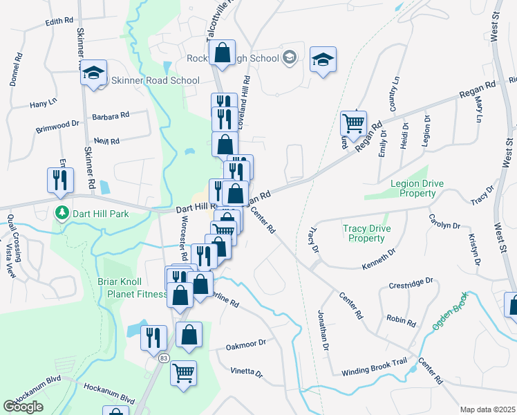 map of restaurants, bars, coffee shops, grocery stores, and more near 335 Center Road in Vernon