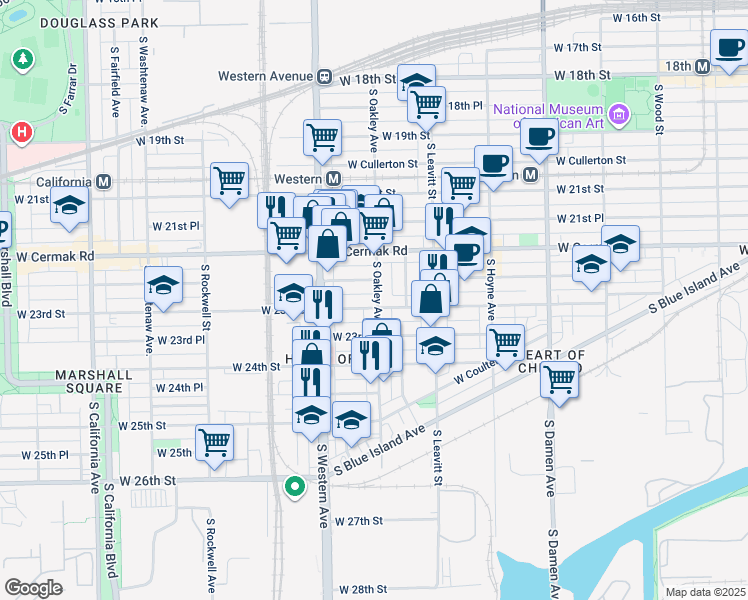 map of restaurants, bars, coffee shops, grocery stores, and more near 2321 West 23rd Street in Chicago