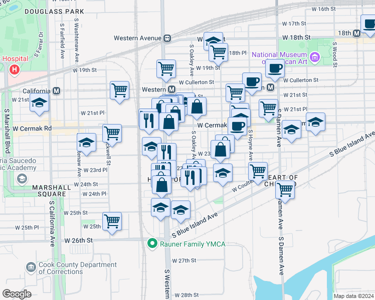 map of restaurants, bars, coffee shops, grocery stores, and more near 2321 West 23rd Street in Chicago