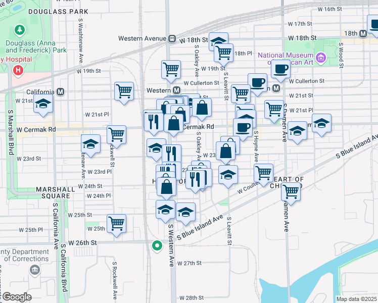 map of restaurants, bars, coffee shops, grocery stores, and more near 2321 West 23rd Street in Chicago