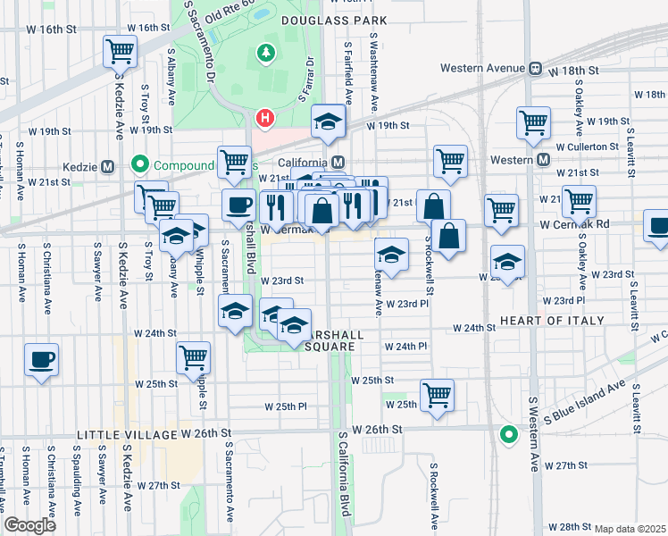 map of restaurants, bars, coffee shops, grocery stores, and more near 2733 West 23rd Street in Chicago