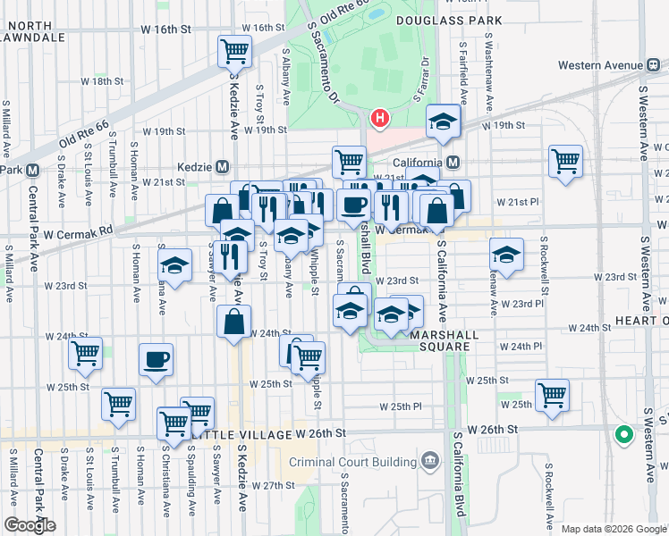 map of restaurants, bars, coffee shops, grocery stores, and more near 3004 West 23rd Street in Chicago