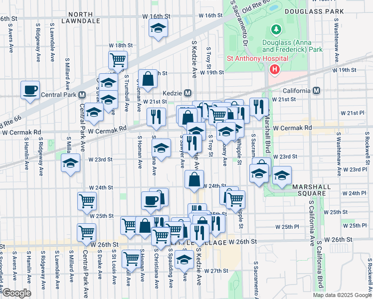 map of restaurants, bars, coffee shops, grocery stores, and more near 3234 West 23rd Street in Chicago