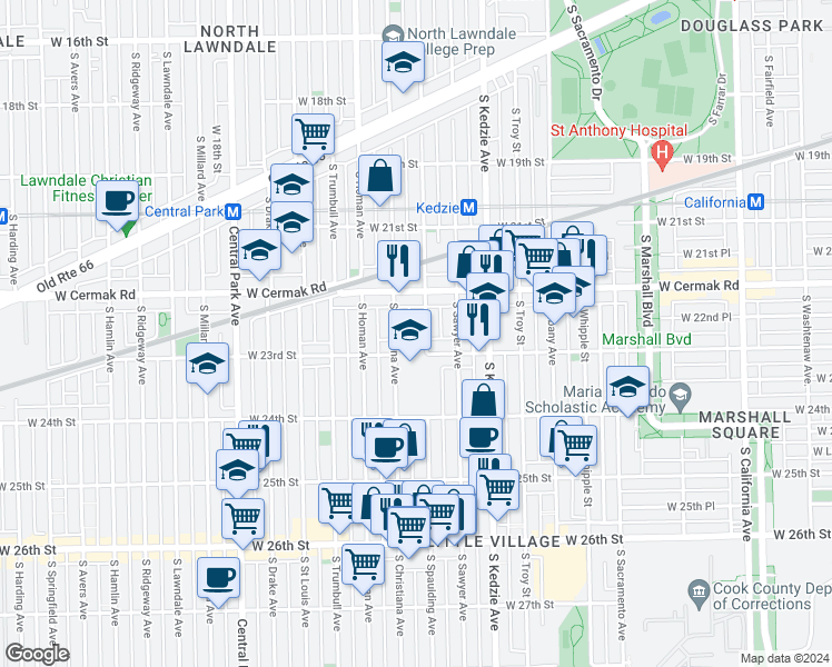 map of restaurants, bars, coffee shops, grocery stores, and more near 3324 West 23rd Street in Chicago