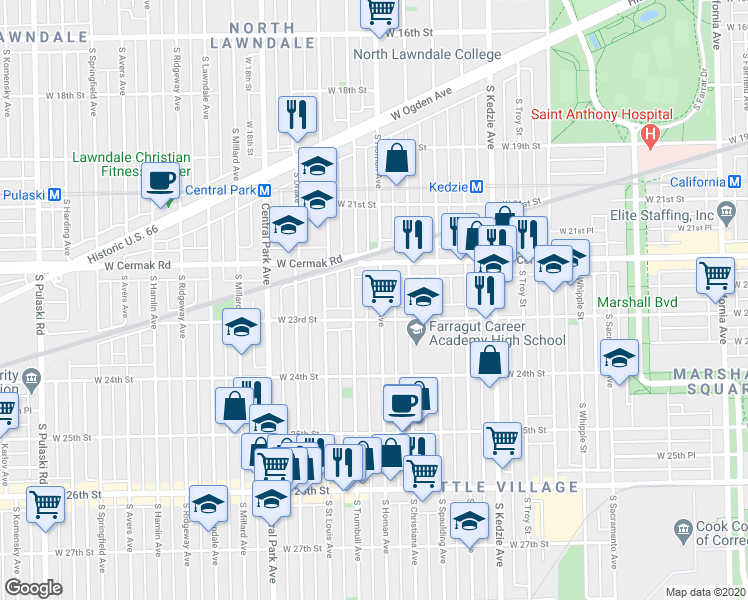 map of restaurants, bars, coffee shops, grocery stores, and more near 2259 South Trumbull Avenue in Chicago