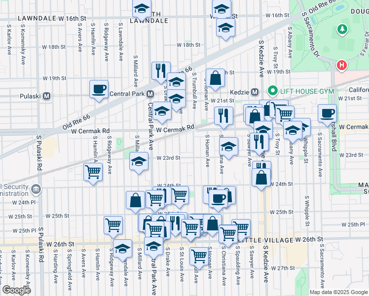 map of restaurants, bars, coffee shops, grocery stores, and more near 2258 South Saint Louis Avenue in Chicago