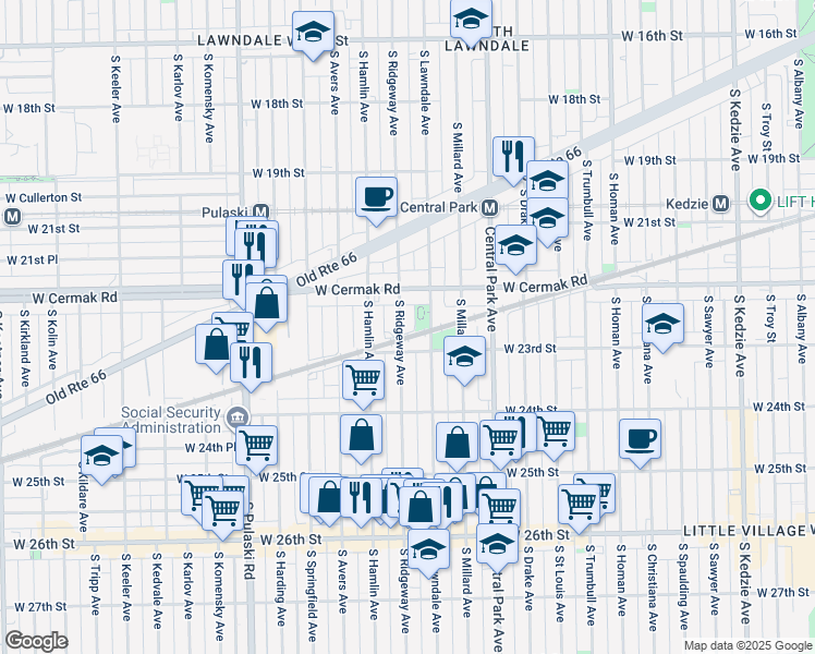 map of restaurants, bars, coffee shops, grocery stores, and more near 2280 South Lawndale Avenue in Chicago