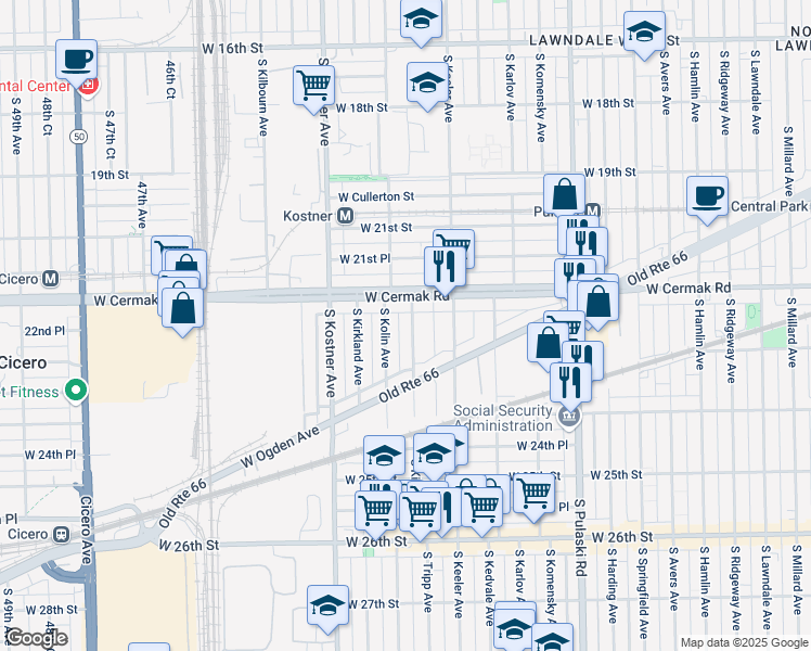 map of restaurants, bars, coffee shops, grocery stores, and more near 2245 South Kolin Avenue in Chicago