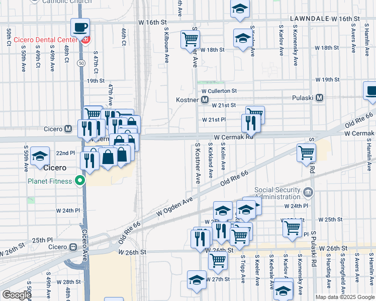 map of restaurants, bars, coffee shops, grocery stores, and more near 2247 South Kenneth Avenue in Chicago